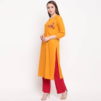 women's embroidered/solid straight rayon yellow kurti 4