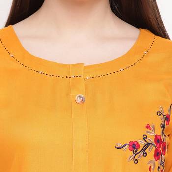 women's embroidered/solid straight rayon yellow kurti 5