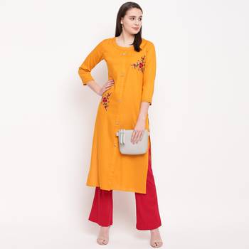 women's embroidered/solid straight rayon yellow kurti 6