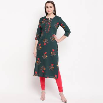 women's foil printed straight rayon green kurti 1