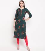 women's foil printed straight rayon green kurti