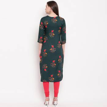 women's foil printed straight rayon green kurti 2
