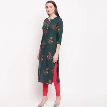 women's foil printed straight rayon green kurti 3