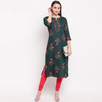 women's foil printed straight rayon green kurti 6