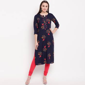 women's foil printed straight rayon blue kurti 1