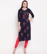 women's foil printed straight rayon blue kurti
