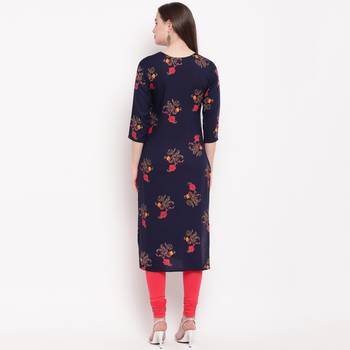 women's foil printed straight rayon blue kurti 2