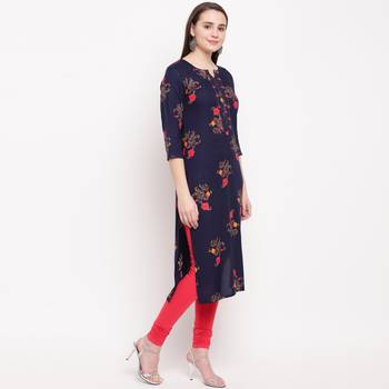 women's foil printed straight rayon blue kurti 3