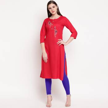 women's embroidered straight rayon red kurti 1