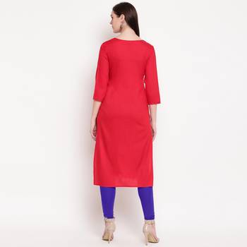 women's embroidered straight rayon red kurti 2