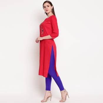 women's embroidered straight rayon red kurti 4