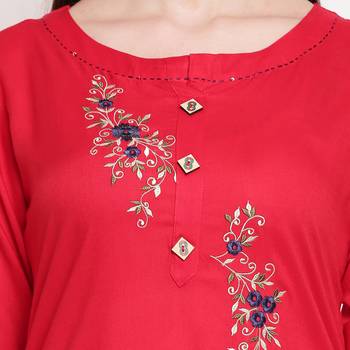 women's embroidered straight rayon red kurti 5