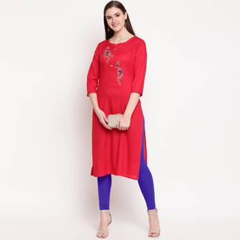 women's embroidered straight rayon red kurti 6