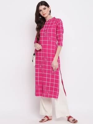 women's printed straight cotton pink kurti 1