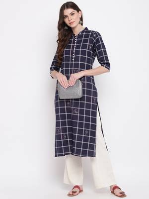 women's printed straight cotton navy blue kurti 1