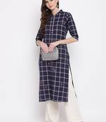 women's printed straight cotton navy blue kurti