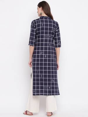 women's printed straight cotton navy blue kurti 2