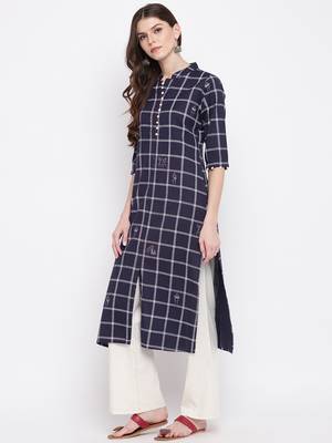 women's printed straight cotton navy blue kurti 3