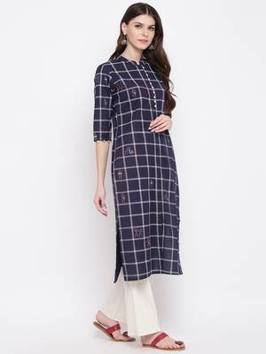 women's printed straight cotton navy blue kurti 4
