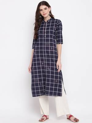 women's printed straight cotton navy blue kurti 6