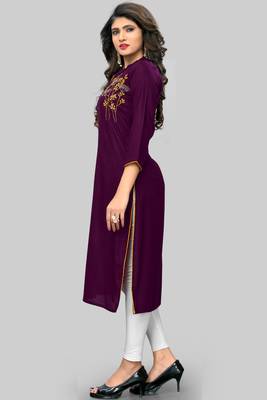 women's embroidered straight rayon purple kurti 3