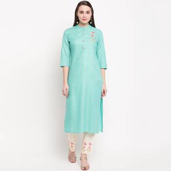 women's embroidered straight rayon sky blue kurti with pant set 1