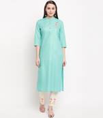 women's embroidered straight rayon sky blue kurti with pant set