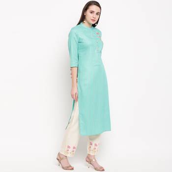 women's embroidered straight rayon sky blue kurti with pant set 3
