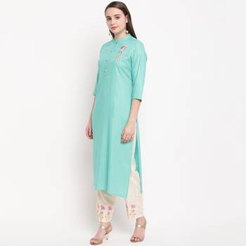 women's embroidered straight rayon sky blue kurti with pant set 4
