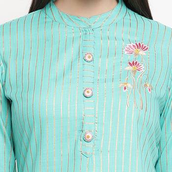 women's embroidered straight rayon sky blue kurti with pant set 5