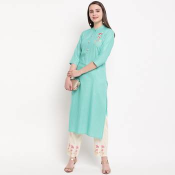 women's embroidered straight rayon sky blue kurti with pant set 6
