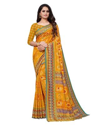 Mustard Printed Silk blend saree with blouse 1