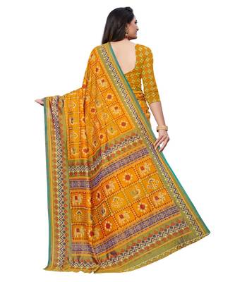 Mustard Printed Silk blend saree with blouse 2