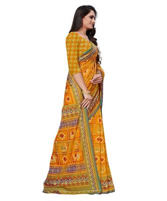 Mustard Printed Silk blend saree with blouse 4