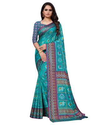 turquoise Printed Silk blend saree with blouse 1