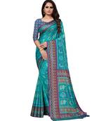 turquoise Printed Silk blend saree with blouse