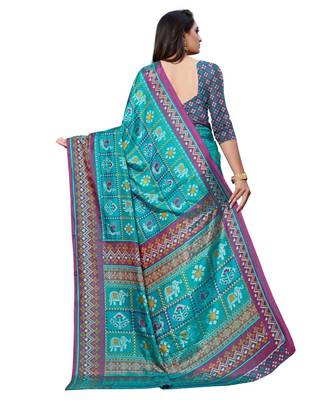 turquoise Printed Silk blend saree with blouse 2