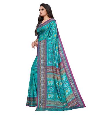turquoise Printed Silk blend saree with blouse 3