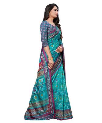 turquoise Printed Silk blend saree with blouse 4