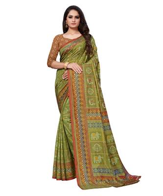 Green Printed Silk blend saree with blouse 1