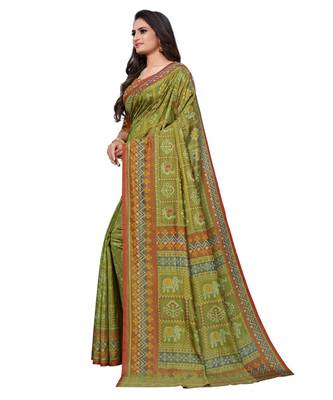 Green Printed Silk blend saree with blouse 3