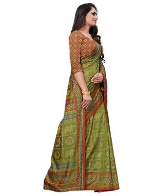 Green Printed Silk blend saree with blouse 4