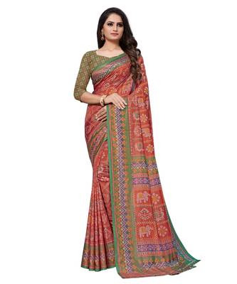 Red Printed Silk blend saree with blouse 1