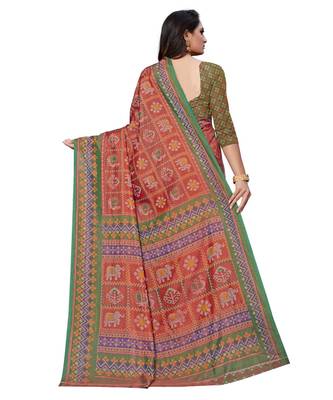Red Printed Silk blend saree with blouse 2