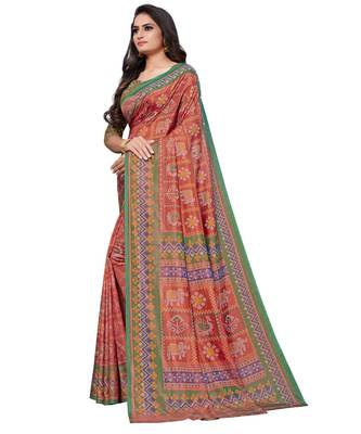 Red Printed Silk blend saree with blouse 3