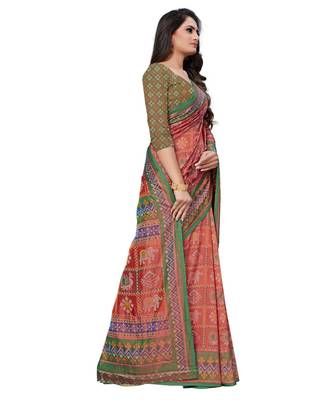 Red Printed Silk blend saree with blouse 4