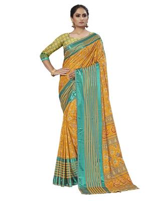 Mustard Printed Silk blend saree with blouse 1