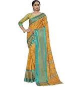 Mustard Printed Silk blend saree with blouse