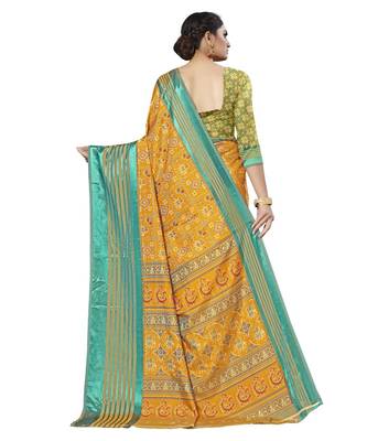 Mustard Printed Silk blend saree with blouse 2