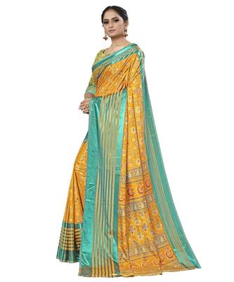Mustard Printed Silk blend saree with blouse 3